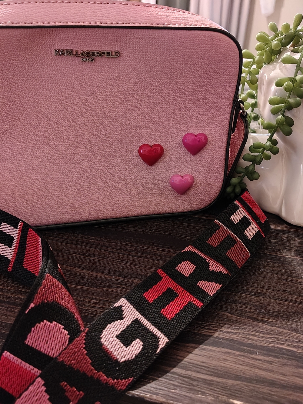 Karl Lagerfeld Pink Crossbody with Heart Accent and Branded Strap